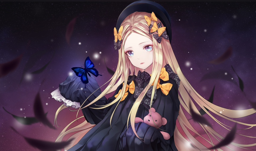 1girl abigail_williams_(fate/grand_order) black_bow black_dress black_feathers black_hat blonde_hair blue_eyes bow bug butterfly dress fate/grand_order fate_(series) floating_hair hair_bow hat highres holding holding_stuffed_animal insect jeyrin52 long_hair parted_lips polka_dot polka_dot_bow sleeves_past_wrists solo stuffed_animal stuffed_toy teddy_bear very_long_hair yellow_bow