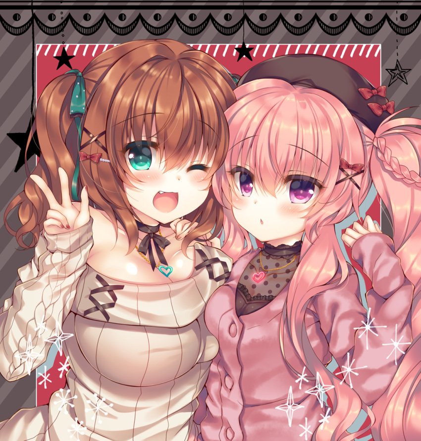 2girls ;d aoki_kaede bangs beret blush breasts brown_hair brown_hat brown_sweater cardigan commentary_request eyebrows_visible_through_hair fingernails green_eyes hair_between_eyes hand_on_another's_shoulder hands_up hat heart large_breasts lilia_chocolanne long_hair long_sleeves looking_at_viewer multiple_girls nail_polish off-shoulder_sweater one_eye_closed open_mouth original parted_lips pink_cardigan pink_hair red_nails ribbed_sweater see-through sleeves_past_fingers sleeves_past_wrists small_breasts smile standing suzune_rena sweater twintails v very_long_hair violet_eyes