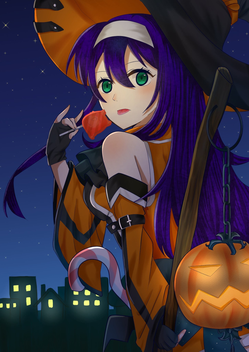 1girl belt blue_hair breasts detached_sleeves fingerless_gloves fire_emblem fire_emblem:_souen_no_kiseki fire_emblem_heroes gloves green_eyes hairband halloween_costume hat headband highres large_breasts long_hair navel_cutout night nintendo otokajife solo wayu_(fire_emblem) white_hairband white_headband witch