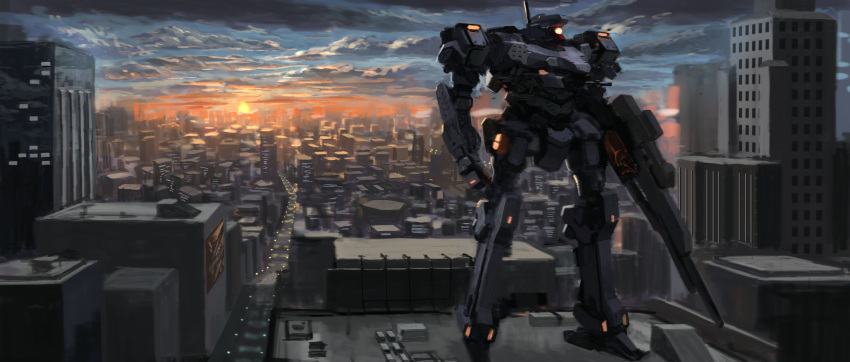 absurdres armored_core building city_below city_lights cityscape clouds cloudy_sky commentary_request glowing glowing_eye gun havocx highres holding holding_gun holding_weapon mecha no_humans rifle road scenery sky standing street sunset weapon