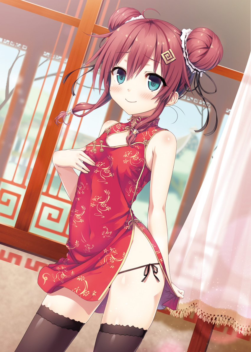 1girl absurdres ahoge bangs bare_arms bare_shoulders black_legwear black_panties black_ribbon blue_eyes blush breasts brown_hair china_dress chinese_clothes closed_mouth clothes_grab cura curtains double_bun dress dress_grab dutch_angle eyebrows_visible_through_hair fanbox_reward fingernails hair_between_eyes hair_ornament hair_ribbon hand_on_own_chest highres indoors long_hair looking_at_viewer maitetsu migita_hibiki paid_reward panties red_dress ribbon side-tie_panties side_bun sidelocks sleeveless sleeveless_dress small_breasts smile solo standing thigh-highs underwear