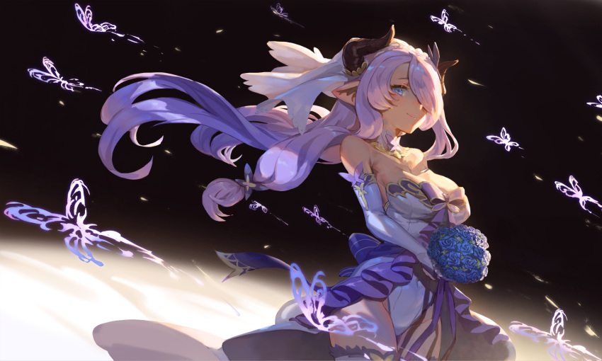 1girl bare_shoulders blue_eyes blue_flower blue_rose blush bouquet breasts bridal_veil cleavage draph dress ecien elbow_gloves floating_hair flower gloves granblue_fantasy hair_ornament hair_over_one_eye highres holding holding_bouquet horns large_breasts leotard long_hair looking_at_viewer low_tied_hair narmaya_(granblue_fantasy) open_mouth pointy_ears purple_hair rose smile solo strapless strapless_dress thigh-highs veil wedding_dress wind