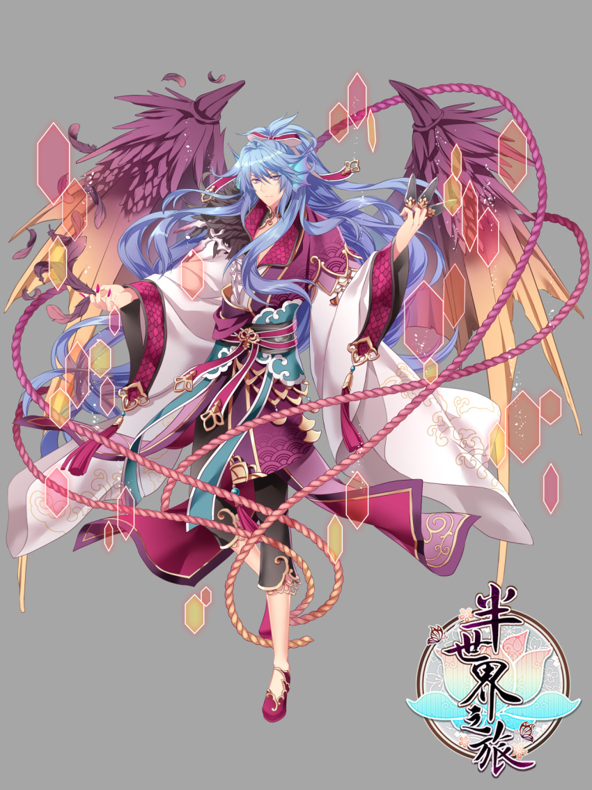 1boy blue_hair fantasy feathered_wings full_body grey_background hair_ribbon head_fins high_ponytail highres long_hair looking_at_viewer nail_polish official_art pink_footwear pink_nails ran_(artist) ribbon solo standing very_long_hair violet_eyes wide_sleeves wings