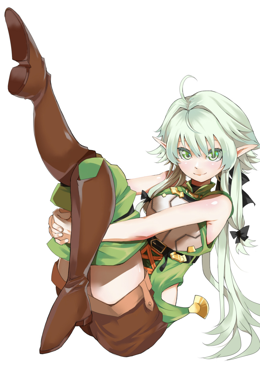 1girl ahoge bare_arms bare_shoulders black_bow blaze_(artist) boots bow brown_shorts cloak elf full_body goblin_slayer! green_eyes green_hair hair_bow high_elf_archer_(goblin_slayer!) highres hip_vent hood hooded_cloak interlocked_fingers leg_up long_hair looking_at_viewer low_ponytail pointy_ears shorts sidelocks simple_background sleeveless smile solo thigh-highs thigh_boots white_background
