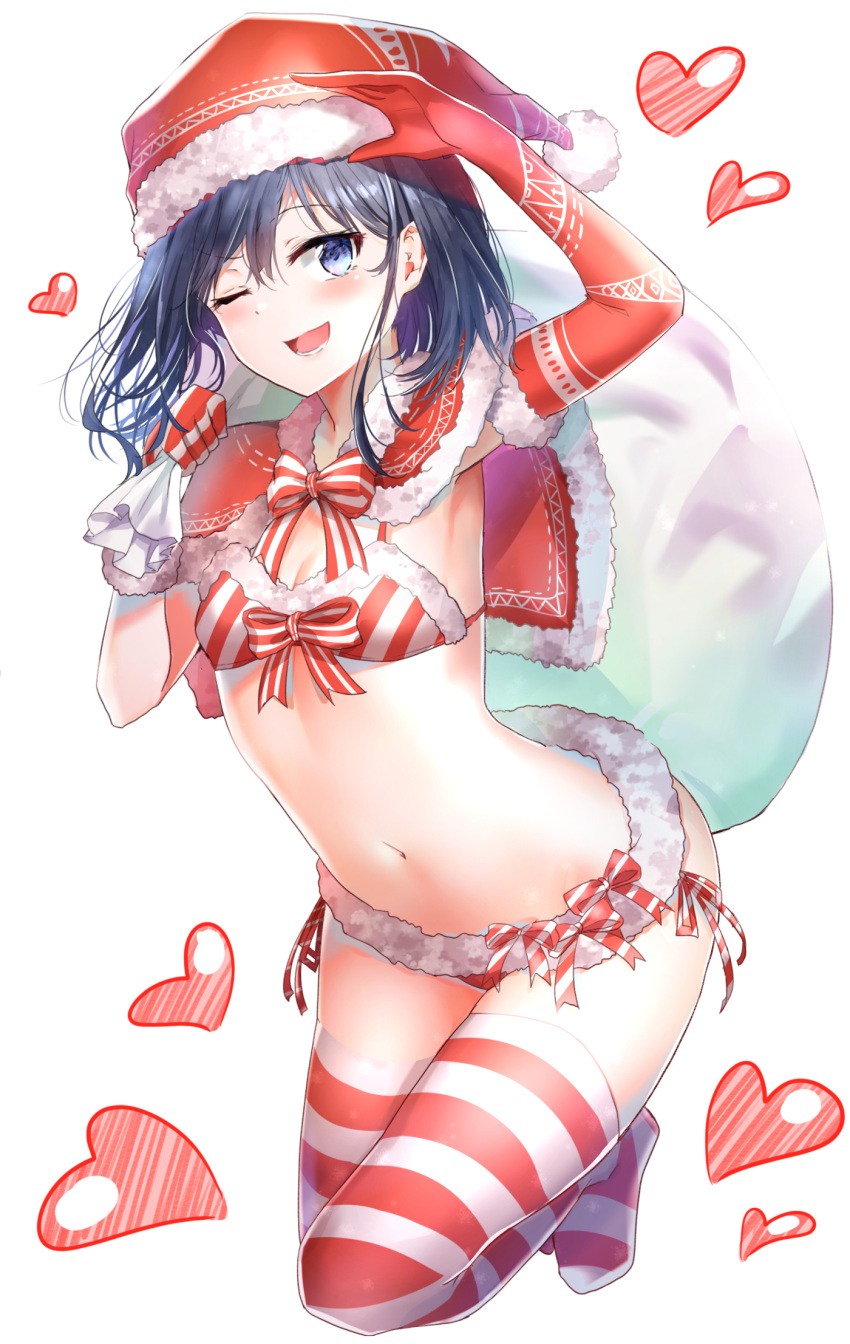 1girl ;d adagaki_aki arm_up armpits bangs bikini black_hair blue_eyes blush bow bowtie breasts capelet commentary elbow_gloves eyebrows_visible_through_hair front-tie_bikini front-tie_top fur_trim gloves hat heart highres holding holding_sack legs_up looking_at_viewer masamune-kun_no_revenge mismatched_gloves navel one_eye_closed open_mouth red_bikini red_bow red_capelet red_gloves red_hat red_legwear red_neckwear round_teeth sack santa_bikini santa_hat short_hair side-tie_bikini sidelocks simple_background small_breasts smile solo striped striped_bikini striped_legwear striped_neckwear sunhyun swimsuit teeth thigh-highs unmoving_pattern white_background