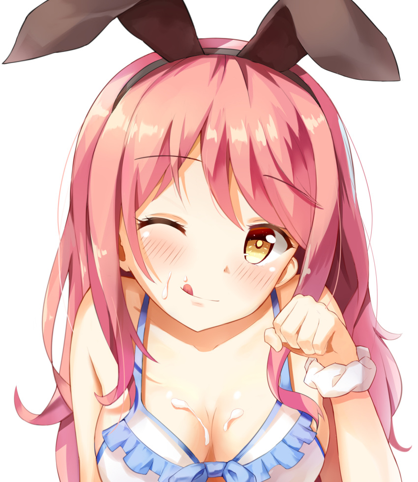 1girl ;q animal_ears bangs bare_shoulders bikini blush breasts cleavage closed_mouth collarbone commentary_request eyebrows_visible_through_hair frilled_bikini frills hairband highres long_hair looking_at_viewer medium_breasts one_eye_closed original paw_pose pink_hair rabbit_ears scrunchie simple_background smile solo suggestive_fluid swimsuit tongue tongue_out upper_body white_background white_bikini wrist_scrunchie yang423 yellow_eyes