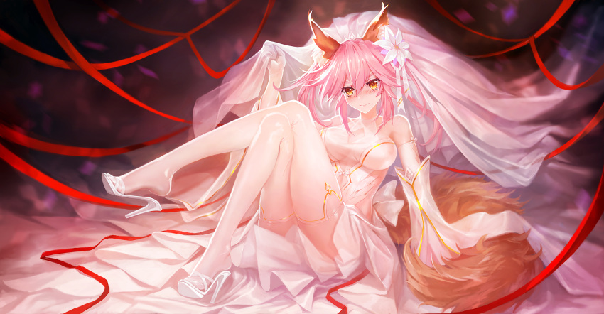 1girl animal_ear_fluff animal_ears bare_shoulders blush breasts cleavage closed_mouth detached_sleeves dress fate/extra fate_(series) fox_ears fox_tail hair_between_eyes halterneck high_heels highres large_breasts legs_crossed pink_hair revealing_clothes see-through sitting solo tail tamamo_(fate)_(all) tamamo_no_mae_(fate) thigh-highs veil white_dress yellow_eyes zhuore_zhi_hen