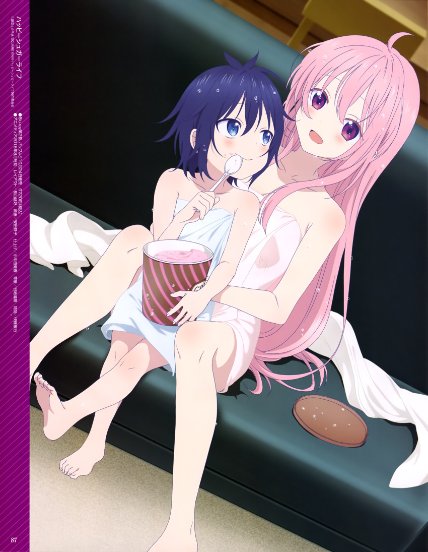 2girls :&gt; absurdres age_difference ahoge bare_shoulders barefoot black_hair blue_eyes blush closed_mouth collarbone couple eyebrows_visible_through_hair female hair_down happy_sugar_life highres holding holding_spoon koube_shio long_hair looking_at_another magazine_scan matsuzaka_satou megami_deluxe multiple_girls naked_towel open_mouth page_number pink_hair scan short_hair sitting smile spoon towel violet_eyes yasuda_shouko yuri
