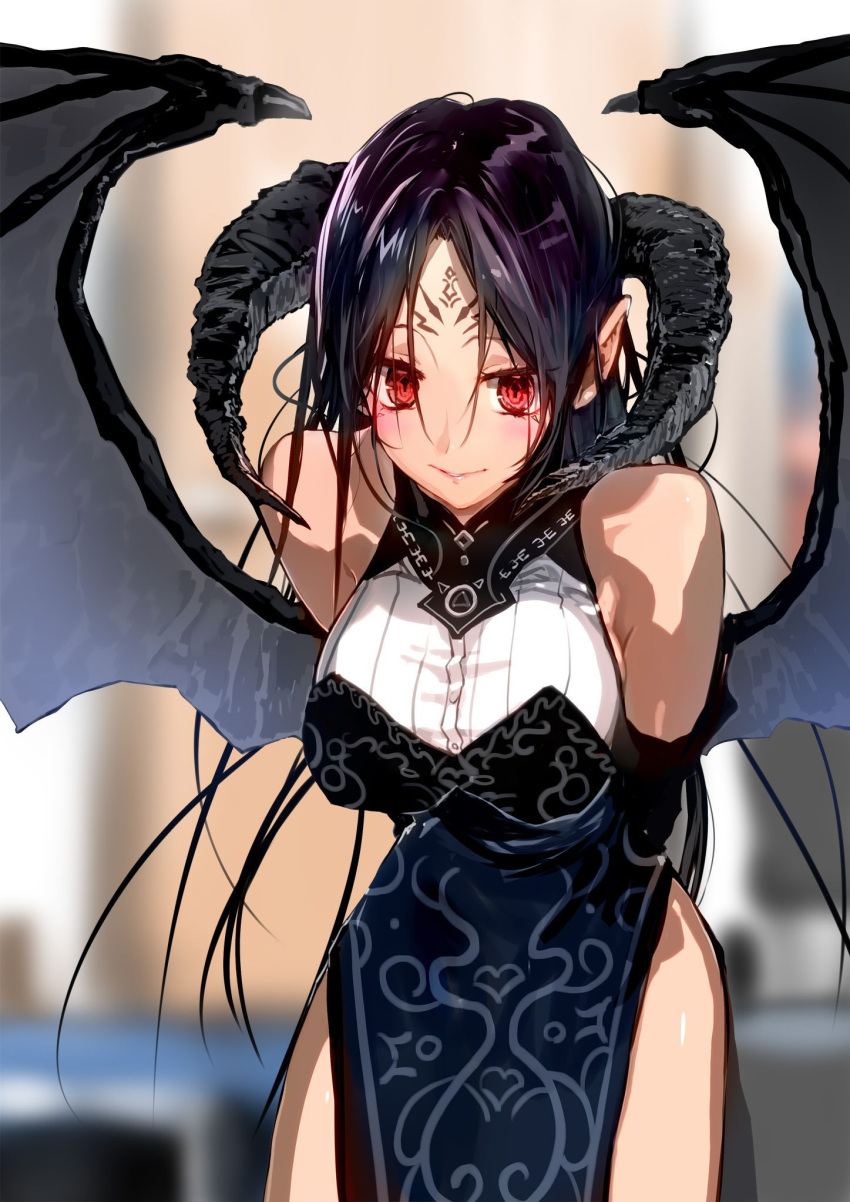 1girl arms_behind_back bangs bare_shoulders black_hair black_wings blurry blurry_background blush bob_(biyonbiyon) breasts cleavage commentary demon_girl demon_horns demon_tail demon_wings dress facial_mark gloves highres horns large_breasts leaning_forward long_hair looking_at_viewer original parted_bangs parted_lips pelvic_curtain red_eyes side_slit sidelocks sleeveless sleeveless_dress smile solo tail very_long_hair wings