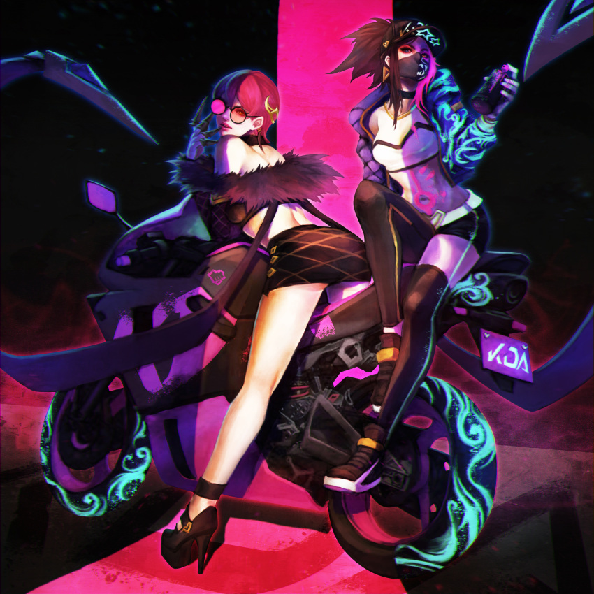 2girls absurdres akali ass asymmetrical_clothes back bandeau bare_shoulders baseball_cap black_choker bodypaint breasts brown_hair choker claw_(weapon) commentary covered_mouth cropped_jacket detached_sleeves earrings english_commentary evelynn face_mask feather_boa flat_ass glasses ground_vehicle hair_ornament hairclip hat highres idol jacket jewelry k/da_(league_of_legends) k/da_akali k/da_evelynn league_of_legends long_hair long_legs looking_at_viewer mask medium_breasts midriff miniskirt monori_rogue motor_vehicle motorcycle multiple_girls neon open_clothes open_jacket pince-nez pink-tinted_eyewear pink_hair ponytail round_eyewear shoes single_pantsleg single_thighhigh skirt sneakers spray_can straddling thigh-highs ultraviolet_light weapon