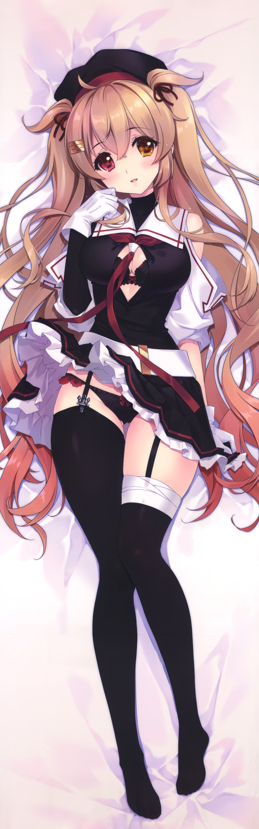 1girl absurdres asymmetrical_legwear asymmetrical_sleeves bandage black_bra black_legwear black_panties bra breasts brown_hair carnelian cleavage dakimakura garter_straps gloves hair_flaps hair_ornament hairclip heterochromia highres huge_filesize kantai_collection large_breasts long_hair lying murasame_(kantai_collection) on_back open_clothes open_shirt panties red_eyes skirt skirt_lift thigh-highs underwear very_long_hair white_gloves yellow_eyes