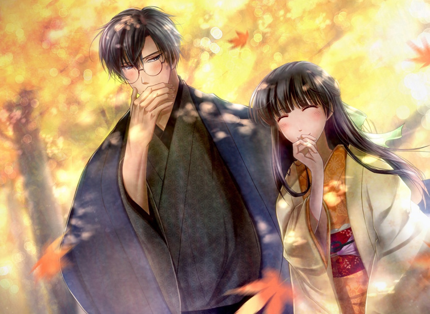 1boy 1girl autumn_leaves blurry blurry_background blush bow brown_hair closed_eyes dating day dutch_angle facing_viewer floral_print glasses green_bow grey_eyes hair_bow hand_up hetero izumi_(stardustalone) japanese_clothes kimono leaf long_hair looking_at_another maple_leaf original outdoors renri_no_chigiri_wo_kimi_to_shiru tree wide_sleeves