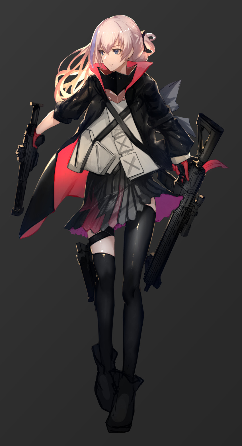 1girl absurdres ar-15 assault_rifle asymmetrical_legwear asymmetrical_sleeves bangs black_footwear black_jacket black_legwear blue_eyes boots closed_mouth commentary dual_wielding eyebrows_visible_through_hair fixro2n girls_frontline gloves grey_background grey_skirt gun hair_between_eyes highres holding holding_gun holding_weapon jacket light_brown_hair long_hair long_sleeves looking_away looking_to_the_side object_namesake open_clothes open_jacket pleated_skirt red_gloves rifle shirt short_sleeves skirt sleeves_past_wrists solo st_ar-15_(girls_frontline) thigh-highs weapon white_shirt