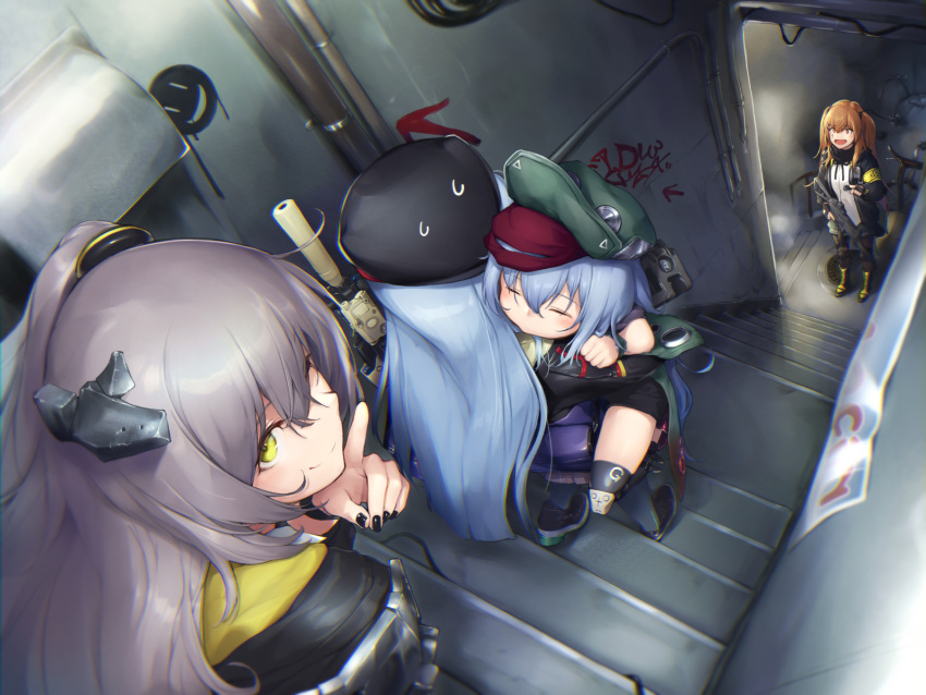 404_(girls_frontline) 4girls armband assault_rifle bangs beret black_gloves black_legwear black_nails blush breasts brown_eyes brown_hair carrying closed_mouth dabuki eyebrows_visible_through_hair finger_to_mouth fingerless_gloves g11_(girls_frontline) girls_frontline gloves graffiti grey_hair gun h&amp;k_ump9 hair_between_eyes hair_ornament hairclip hat headgear heckler_&amp;_koch highres hk416 hk416_(girls_frontline) holding holding_gun holding_weapon index_finger_raised jacket long_hair looking_at_another looking_at_viewer medium_breasts mod3_(girls_frontline) multiple_girls nail_polish one-eyed one_side_up open_clothes open_mouth pantyhose plaid plaid_skirt pointing ribbon rifle scar scar_across_eye scarf shirt shorts shushing silver_hair skirt sleeping smile stairwell submachine_gun sweatdrop thigh-highs twintails ump45_(girls_frontline) ump9_(girls_frontline) very_long_hair weapon white_shirt wristband yellow_eyes