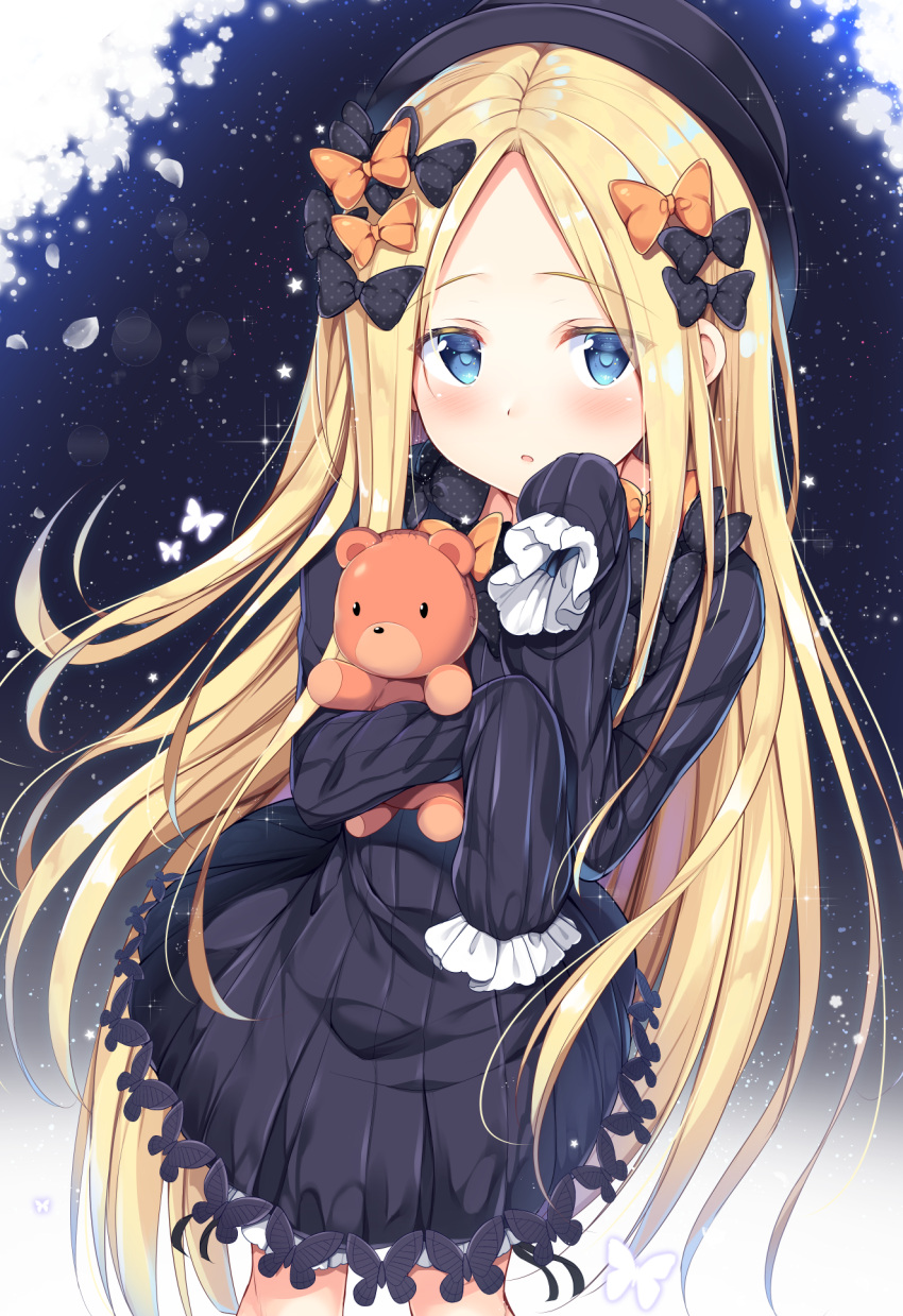 1girl :o abigail_williams_(fate/grand_order) bangs black_bow black_dress black_hat blonde_hair blue_eyes blush bow bug butterfly commentary_request dress fate/grand_order fate_(series) flower forehead frilled_sleeves frills glint hair_bow hat highres insect light_particles long_hair long_sleeves looking_at_viewer object_hug orange_bow parted_bangs parted_lips polka_dot polka_dot_bow sidelocks sleeves_past_fingers sleeves_past_wrists solo standing star stuffed_animal stuffed_toy teddy_bear tomoo_(tomo) very_long_hair