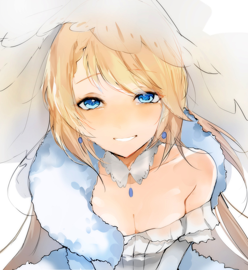 1girl alternate_costume bangs blonde_hair blue_eyes blush breasts bridal_veil cleavage dress earrings eyebrows_visible_through_hair g36_(girls_frontline) girls_frontline highres jewelry long_hair looking_at_viewer medium_breasts peanutc pendant shawl sidelocks simple_background smile solo veil wedding_dress white_background white_dress