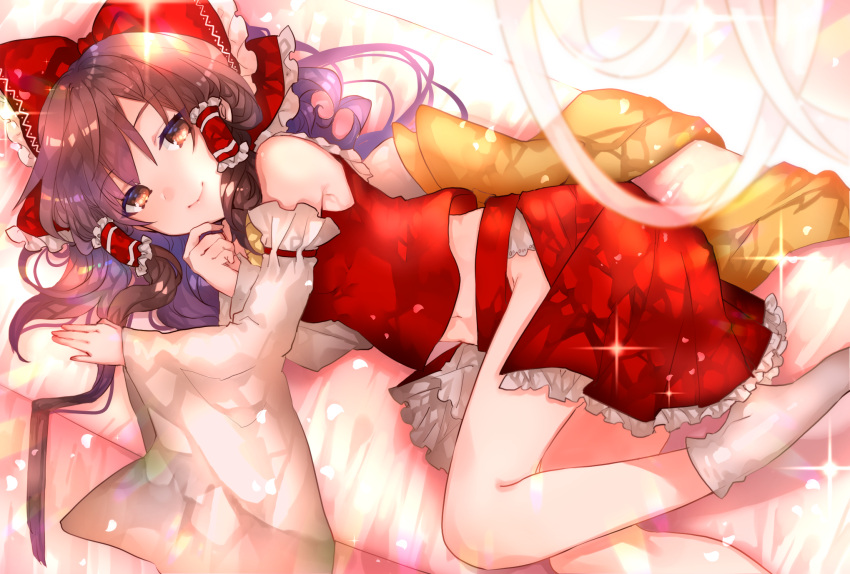 1girl bed_sheet bow brown_eyes brown_hair detached_sleeves eyebrows_visible_through_hair frilled_hair_tubes frilled_skirt frills grey_sleeves hair_bow hakurei_reimu highres long_hair long_sleeves looking_at_viewer lying midriff miniskirt navel on_side open_clothes open_skirt red_bow red_shirt red_skirt ribbon-trimmed_sleeves ribbon_trim shirt skirt sleeveless sleeveless_shirt smile socks solo stomach sweetroad touhou white_legwear wide_sleeves yellow_neckwear