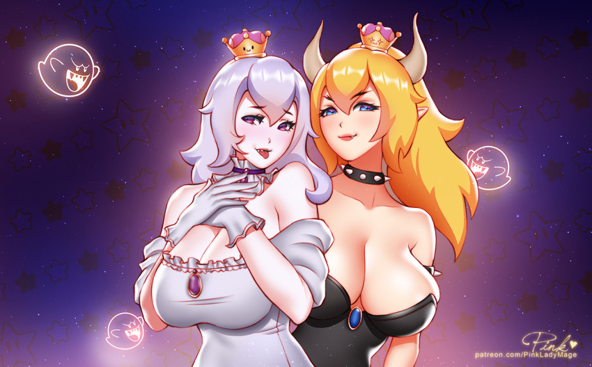 2girls :3 :p artist_name bare_shoulders black_dress blonde_hair blue_eyes boo bowsette breasts brooch collar collarbone commentary crown dress english_commentary expressive_clothes eyebrows_visible_through_hair fang fang_out gloves hands_on_own_chest horns jewelry large_breasts long_hair looking_at_viewer luigi's_mansion super_mario_bros. multiple_girls new_super_mario_bros._u_deluxe nintendo pink_lady_mage pointy_ears ponytail princess_king_boo sharp_teeth signature silver_hair smile spiked_armlet spiked_collar spikes star starry_background strapless strapless_dress super_crown teeth tongue tongue_out upper_body violet_eyes white_dress white_gloves