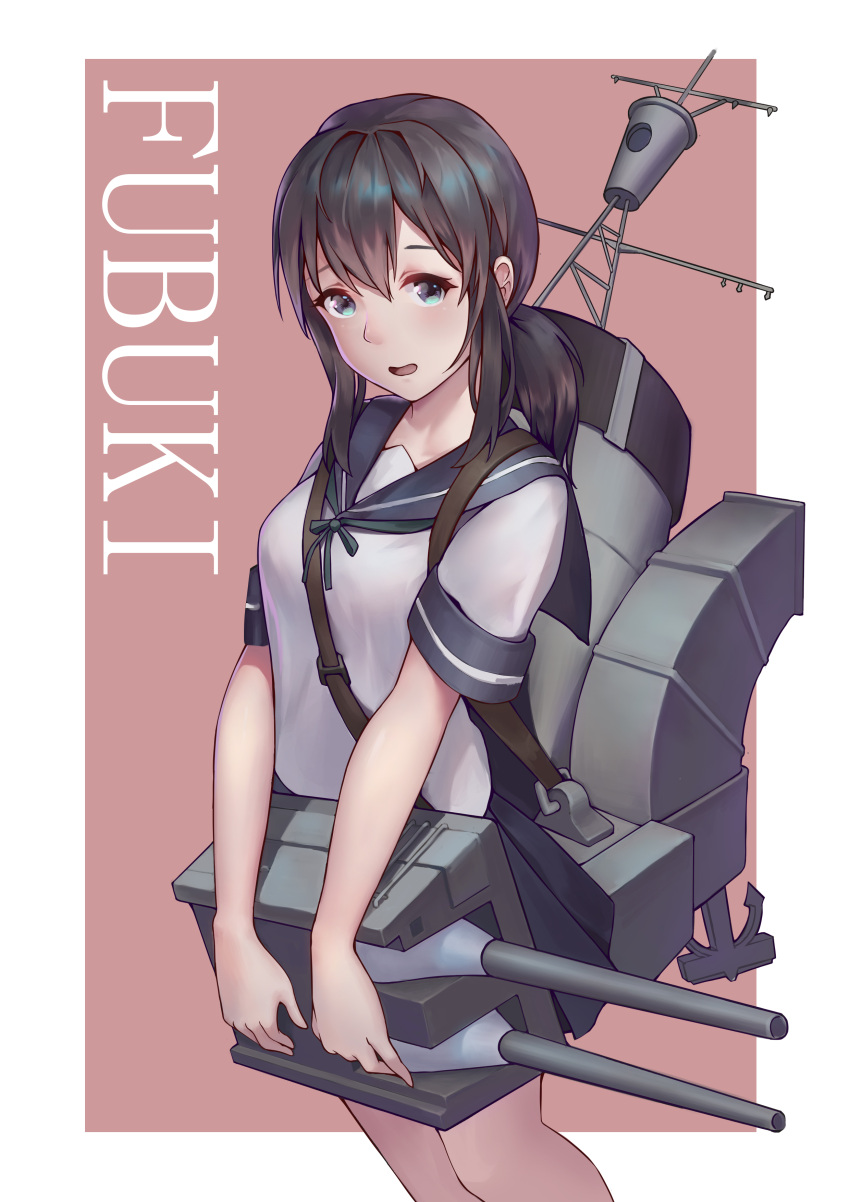 1girl absurdres blue_eyes brown_hair character_name fubuki_(kantai_collection) highres holding_turret kantai_collection long_hair looking_at_viewer pink_background rigging school_uniform serafuku short_sleeves sidelocks simple_background solo standing tengyuan_pa_pa_zi turret