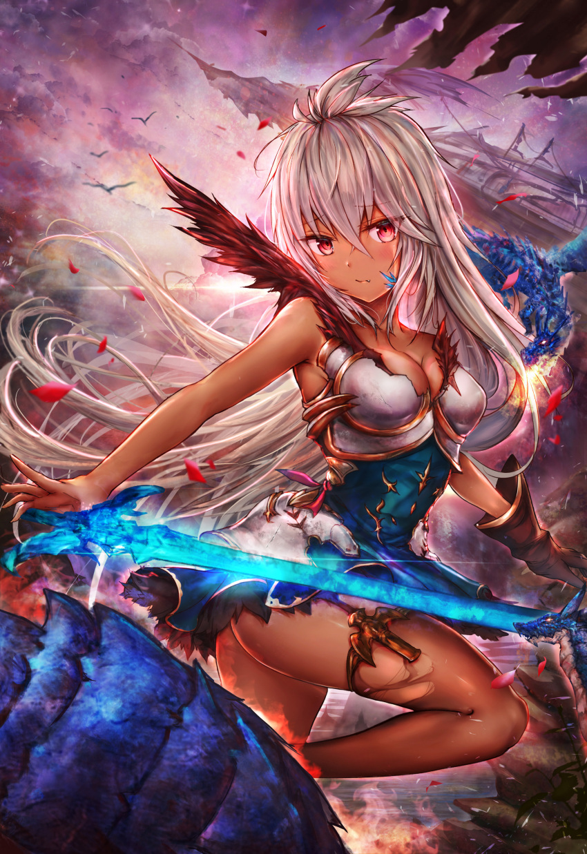 1girl absurdres ass bangs bare_arms bare_shoulders black_skirt blue_shirt blush breastplate breasts brown_gloves brown_legwear cleavage closed_mouth dark_skin diffraction_spikes dragon eyebrows_visible_through_hair facial_mark fang faulds floating_hair gloves granblue_fantasy hair_between_eyes highres holding holding_sword holding_weapon leg_up long_hair looking_at_viewer luminous medium_breasts miniskirt plant red_eyes shirt silver_hair single_glove skirt solo standing standing_on_one_leg sword thigh-highs torn_clothes torn_legwear very_long_hair weapon zooey_(granblue_fantasy)