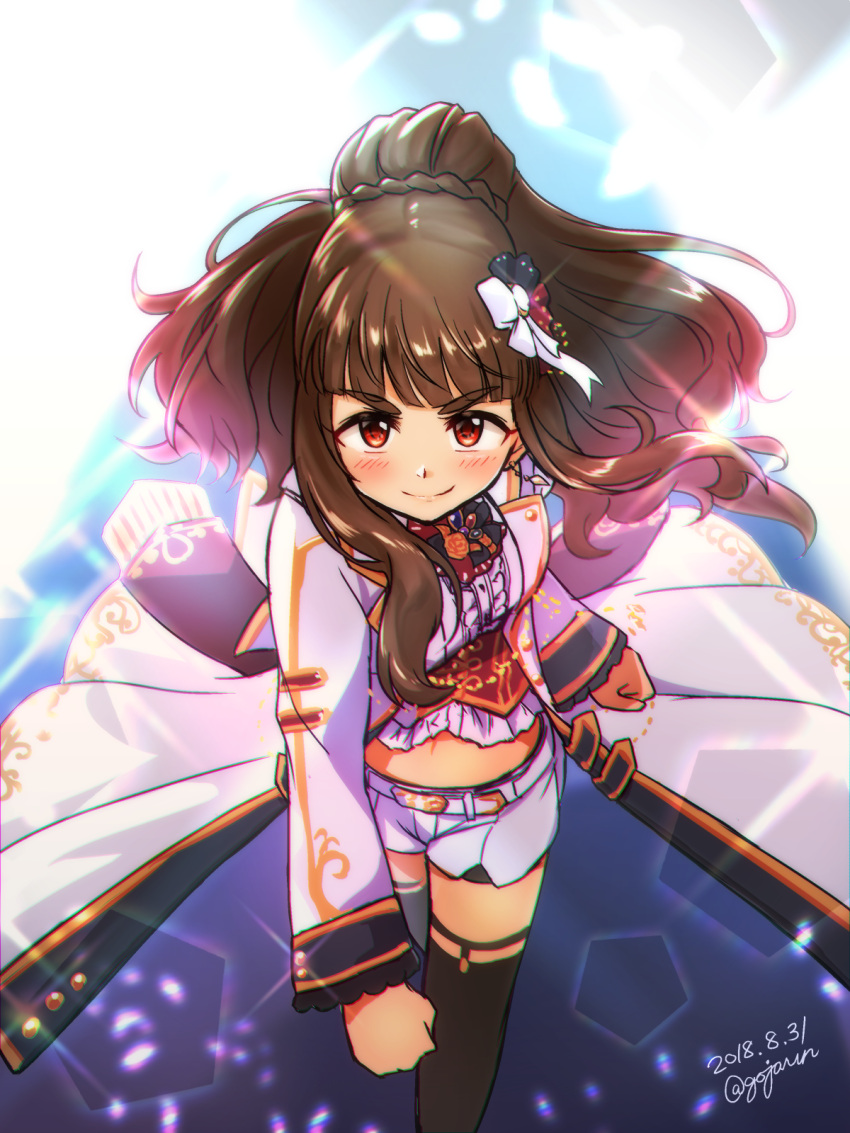 1girl 2018 bangs black_legwear blunt_bangs blush braid brown_hair cape dated eyebrows_visible_through_hair gojarun high_ponytail highres idolmaster idolmaster_cinderella_girls kamiya_nao long_hair looking_at_viewer midriff navel red_eyes shiny shiny_hair short_shorts shorts smile solo stomach thigh-highs twitter_username very_long_hair white_cape white_shorts zettai_ryouiki