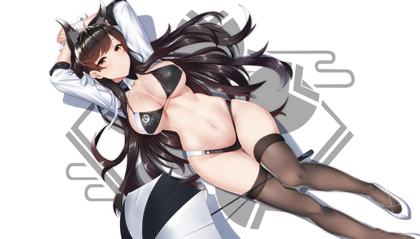 1girl alternate_costume animal_ears arms_up atago_(azur_lane) azur_lane bangs between_legs bikini black_bikini black_hair black_legwear blush breasts brown_eyes cleavage closed_mouth covered_nipples cropped_jacket curvy extra_ears eyebrows_visible_through_hair feet_out_of_frame hair_ribbon highleg highleg_bikini highres jacket kagiyama_(gen'ei_no_hasha) large_breasts logo long_hair looking_at_viewer lying mole mole_under_eye navel on_back ribbon skindentation smile solo stomach swept_bangs swimsuit thigh-highs thighs umbrella white_footwear white_jacket white_ribbon wrist_cuffs