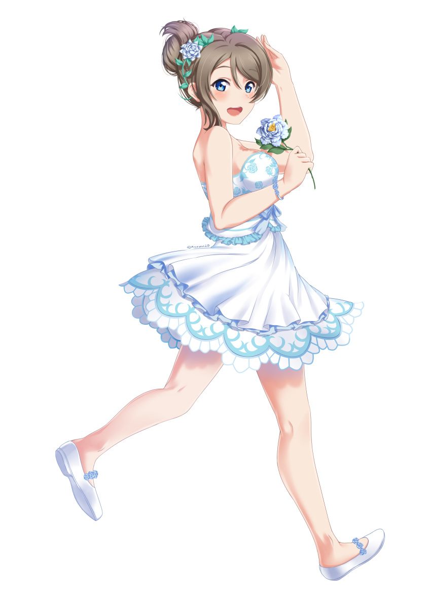 1girl absurdres alternate_hairstyle bangs bare_shoulders blue_eyes bracelet breasts dress eyebrows_visible_through_hair floral_print flower hair_between_eyes hair_flower hair_ornament highres holding holding_flower jewelry looking_at_viewer love_live! love_live!_sunshine!! medium_breasts raemn_(raemn2d) salute simple_background solo strapless strapless_dress thank_you_friends!! walking watanabe_you white_background white_dress white_footwear