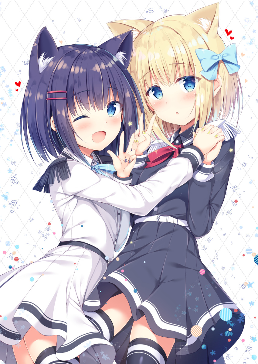 2girls :o ;d animal_ear_fluff animal_ears argyle argyle_background belt belt_buckle black_legwear black_shirt black_skirt blonde_hair blue_bow blue_eyes blue_hair blue_nails blue_neckwear blush bow buckle collared_shirt commentary_request cowboy_shot epaulettes eyebrows_visible_through_hair hair_bow hair_ornament hairclip hand_holding heart highres interlocked_fingers long_sleeves looking_at_viewer multiple_girls nail_polish neck_ribbon one_eye_closed open_mouth parted_lips pleated_skirt red_neckwear ribbon rukiroki sasugano_roki sasugano_ruki shiny shiny_hair shirt short_hair sidelocks simple_background skirt smile thigh-highs tomoo_(tomo) v virtual_youtuber w white_shirt white_skirt yellow_nails zettai_ryouiki