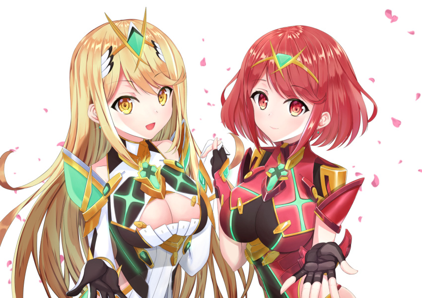 2girls armor artist_request bangs blonde_hair blush breasts cleavage cleavage_cutout earrings fingerless_gloves gem gloves hair_ornament headpiece mythra_(xenoblade) pyra_(xenoblade) jewelry large_breasts long_hair looking_at_viewer multiple_girls nintendo red_eyes redhead short_hair shoulder_armor simple_background smile swept_bangs thigh_strap tiara xenoblade_(series) xenoblade_2 yellow_eyes