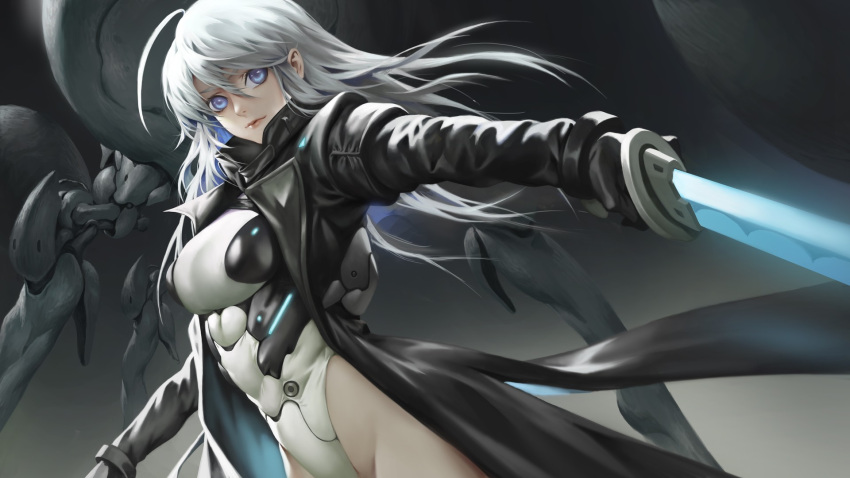 1girl blue_eyes gloves glowing glowing_weapon highres holding holding_weapon leotard medium_hair original science_fiction skin_tight solo trench_coat weapon white_hair yamacannon