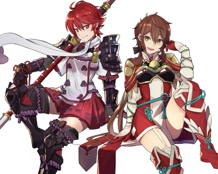 2girls armor bangs black_footwear black_hair blush boots circlet cosplay costume_switch ebinku elbow_sleeve eyebrows_visible_through_hair fire_emblem fire_emblem_if highres hinoka_(fire_emblem_if) hinoka_(fire_emblem_if)_(cosplay) long_hair looking_at_viewer lora_(xenoblade_2) lora_(xenoblade_2)_(cosplay) multiple_girls nintendo parted_bangs parted_lips pauldrons pegasus_knight pleated_skirt red_eyes red_footwear red_legwear redhead short_hair simple_background skirt smile thigh-highs thigh_boots upper_teeth white_background xenoblade_(series) xenoblade_2 xenoblade_2:_ogon_no_kuri_ira yellow_eyes zettai_ryouiki