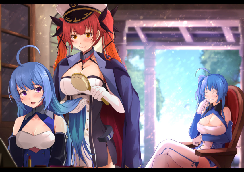 3girls adjusting_hair azur_lane bare_shoulders black_ribbon blue_hair blush breasts brushing_another's_hair chair cleavage comb day dress elbow_gloves eyebrows_visible_through_hair gloves hair_brushing hair_ribbon hairdressing hat helena_(azur_lane) honolulu_(azur_lane) indoors jacket_on_shoulders kanzaki_kureha large_breasts laughing lipstick long_hair makeup medium_breasts multiple_girls open_mouth peaked_cap red_eyes redhead ribbon sitting smile st._louis_(azur_lane) thigh-highs tree twintails very_long_hair violet_eyes white_gloves white_hat white_legwear