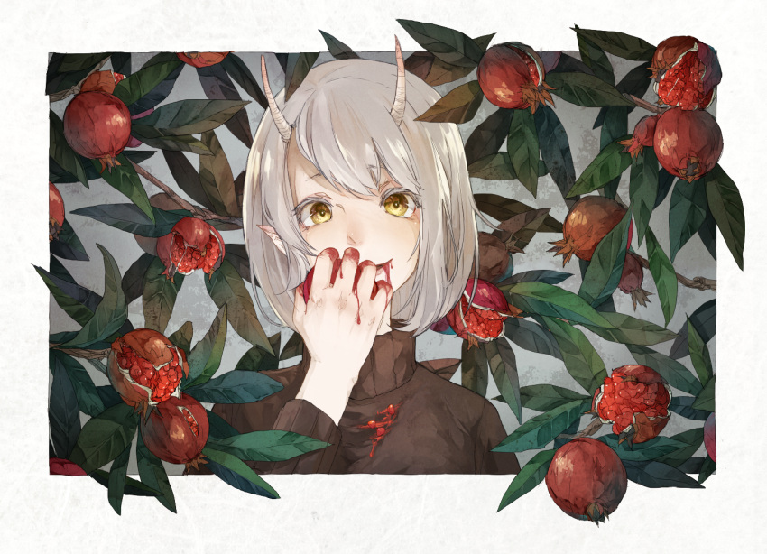 1girl bangs border eating eyebrows_visible_through_hair food fruit grey_hair hair_between_eyes holding holding_food holding_fruit horns kamura_gimi leaf looking_at_viewer medium_hair oni original plant pointy_ears pomegranate smile solo sweater tree upper_body white_border yellow_eyes