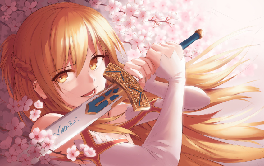 1girl absurdres asuna_(sao) awan97 bangs braid brown_eyes brown_hair cherry_blossoms commentary crown_braid day excalibur eyebrows_visible_through_hair fate/stay_night fate_(series) fighting_stance head_tilt highres holding holding_sword holding_weapon light_smile long_hair long_legs long_sleeves looking_at_viewer open_mouth outdoors portrait solo sword sword_art_online tree weapon wind