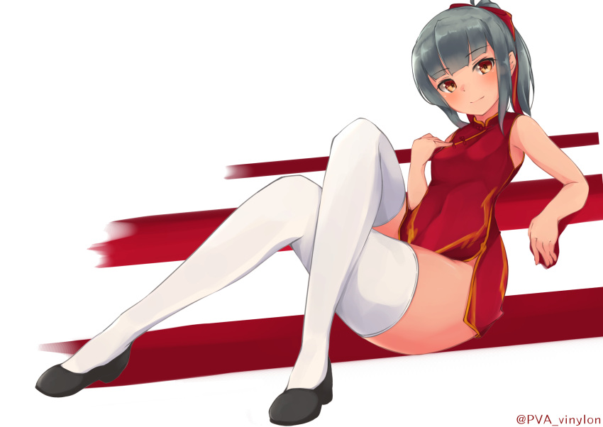 1girl alternate_costume blush bow breasts china_dress chinese_clothes closed_mouth dress eyebrows_visible_through_hair full_body grey_hair hair_bow highres kantai_collection looking_at_viewer ponytail red_dress shoes simple_background sitting small_breasts solo thigh-highs uut white_background white_legwear yuubari_(kantai_collection)