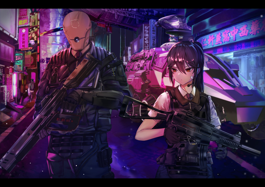 1boy 1girl absurdres armored_vehicle assault_rifle bandaid brown_eyes brown_hair bulletproof_vest cityscape cyberpunk cyborg fingerless_gloves gloves ground_vehicle gun highres huge_filesize necktie neon_lights original panamuru police ponytail rifle shirt sign throat_microphone tsurime vest weapon white_shirt