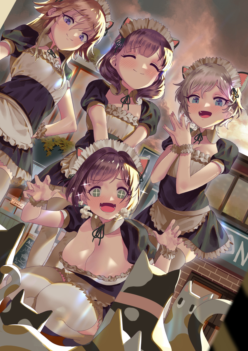 +_+ 4girls :d ^_^ absurdres alternate_costume anastasia_(idolmaster) animal_ears apron bangs blue_eyes blush bob_cut breasts breath brown_hair bsue cafe cat cat_ears claw_pose cleavage closed_eyes closed_eyes commentary detached_collar enmaided eyebrows_visible_through_hair fake_animal_ears fangs flat_chest green_eyes grey_hair hair_extensions hair_over_shoulder hand_on_hip hands_together highres idolmaster idolmaster_cinderella_girls idolmaster_cinderella_girls_starlight_stage large_breasts looking_down lower_teeth maekawa_miku maid maid_headdress medium_breasts miniskirt multiple_girls ninomiya_asuka nose_blush open_mouth outdoors puffy_sleeves sakuma_mayu seiza shop short_sleeves sitting skirt small_breasts smile sparkling_eyes thigh-highs twilight violet_eyes white_legwear wing_collar wrist_cuffs