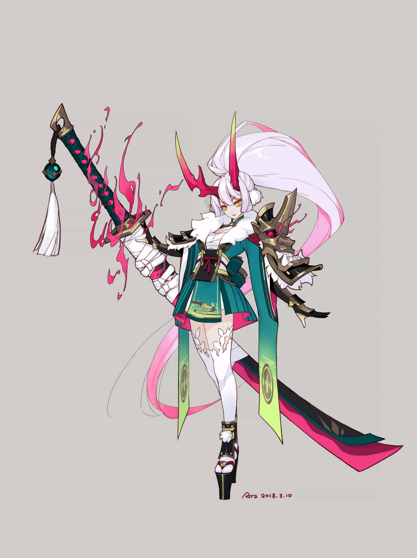 1girl 2018 absurdres artist_request bandage character_request eyebrows_visible_through_hair eyeliner fire fur_trim glowing glowing_eyes grey_background highres holding holding_weapon horns katana lipstick long_hair makeup oni onmyoji pauldrons pink_hair ponytail signature simple_background solo standing sword thigh-highs weapon yellow_eyes