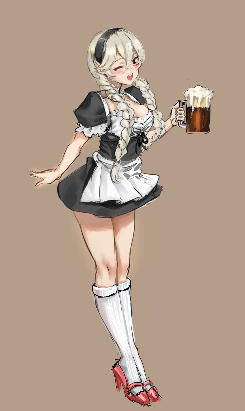 1girl absurdres alcohol alternate_costume apron athenawyrm beer breasts enmaided female_my_unit_(fire_emblem_if) fire_emblem fire_emblem_if frills full_body hair_between_eyes hair_ornament hairband highres long_hair looking_at_viewer maid maid_apron maid_headdress my_unit_(fire_emblem_if) nintendo pointy_ears puffy_sleeves red_eyes silver_hair skirt solo waist_apron white_hair