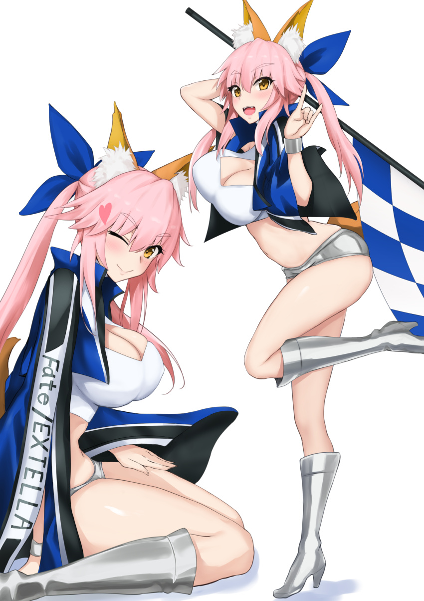 1girl akatsuki_ikki animal_ear_fluff arm_up bangs black_jacket blue_bow blue_jacket blush boots bow breasts checkered cleavage cleavage_cutout closed_mouth clothes_writing copyright_name crop_top eyebrows_visible_through_hair fangs fate/extella fate/extra fate_(series) flag fox_girl fox_shadow_puppet fox_tail full_body grey_footwear grey_shorts hair_between_eyes hair_bow highres jacket knee_boots large_breasts legs long_hair looking_at_viewer multiple_views navel one_eye_closed open_clothes open_jacket open_mouth pink_hair racequeen short_shorts shorts sidelocks simple_background sitting smile solo tail tamamo_(fate)_(all) tamamo_no_mae_(fate) thighs twintails wariza white_background wrist_cuffs yellow_eyes
