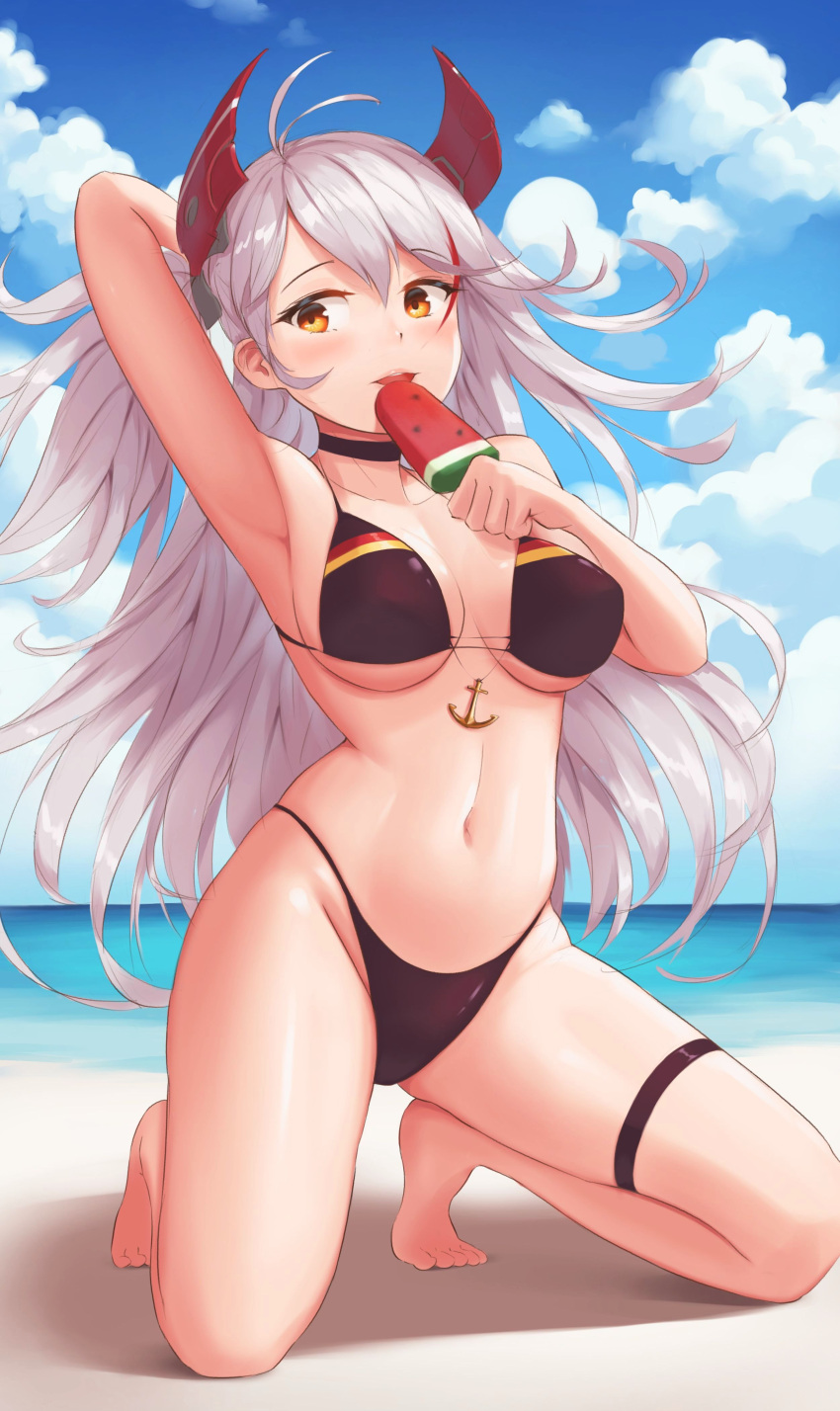 1girl absurdres anchor antenna_hair awan97 azur_lane bangs beach bikini black_bikini black_choker blue_sky breasts choker clouds cross cross_earrings day earrings flag_print food full_body german_flag_bikini highleg highleg_bikini highleg_swimsuit highres horns iron_cross jewelry kneeling mole mole_on_breast multicolored_hair outdoors popsicle prinz_eugen_(azur_lane) redhead silver_hair sky solo streaked_hair swept_bangs swimsuit thigh_strap two_side_up watermelon_bar