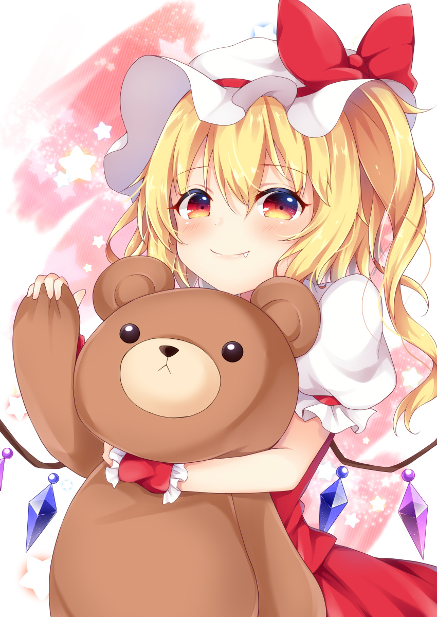 1girl absurdres bangs blonde_hair bow commentary cowboy_shot crystal eyebrows_visible_through_hair fang flandre_scarlet hair_between_eyes hat hat_bow highres holding holding_stuffed_animal long_hair looking_at_viewer miy@ mob_cap one_side_up red_bow red_eyes red_skirt red_vest skirt skirt_set smile solo star stuffed_animal stuffed_toy teddy_bear touhou vest white_hat wings wrist_cuffs
