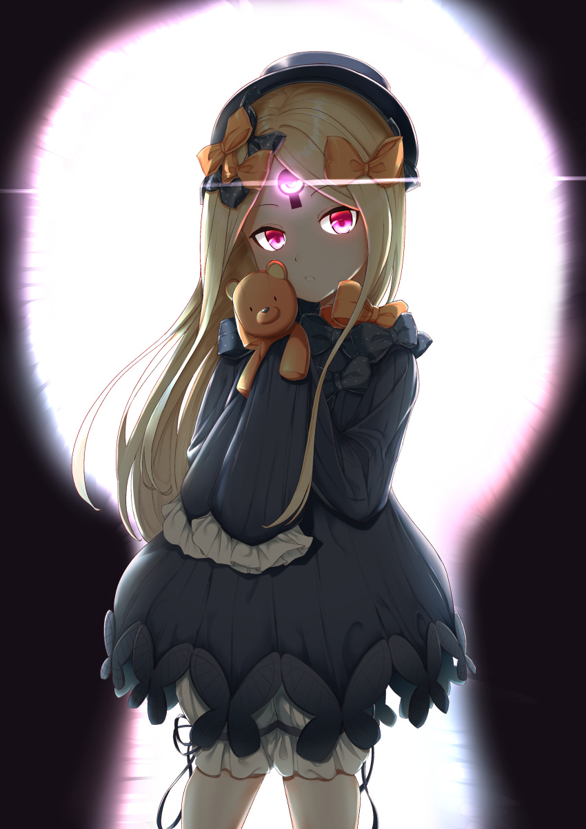 1girl abigail_williams_(fate/grand_order) absurdres bangs black_bow black_dress black_hat blonde_hair bloomers blush bow bug butterfly dress eyebrows_visible_through_hair fate/grand_order fate_(series) forehead glowing hair_bow hands_up hat head_tilt highres holding holding_stuffed_animal insect kimidori3_karla long_hair long_sleeves looking_at_viewer orange_bow parted_bangs parted_lips polka_dot polka_dot_bow sleeves_past_fingers sleeves_past_wrists solo stuffed_animal stuffed_toy teddy_bear underwear very_long_hair violet_eyes white_bloomers