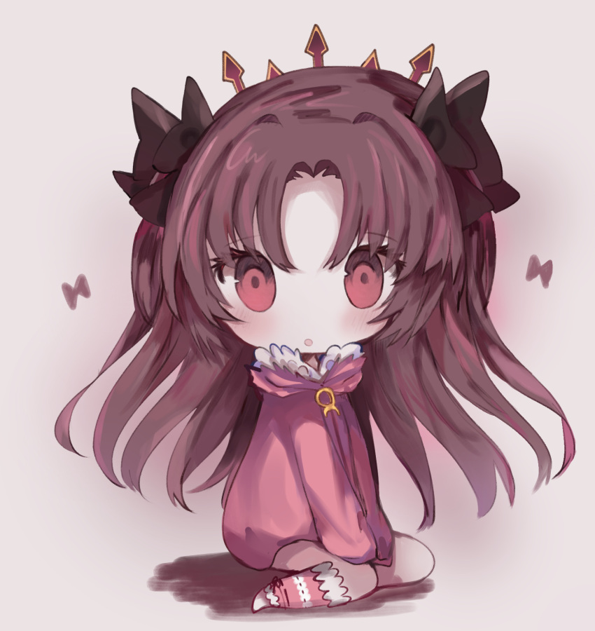 1girl :o bangs black_bow blush bow brown_hair chibi cottontailtokki eyebrows_visible_through_hair fate/grand_order fate_(series) full_body hair_between_eyes hair_bow highres hood hood_down hooded_jacket ishtar_(fate/grand_order) ishtar_(swimsuit_rider)_(fate) jacket long_hair long_sleeves looking_at_viewer looking_to_the_side parted_bangs parted_lips pink_jacket red_eyes sitting sleeves_past_fingers sleeves_past_wrists solo tiara very_long_hair wariza