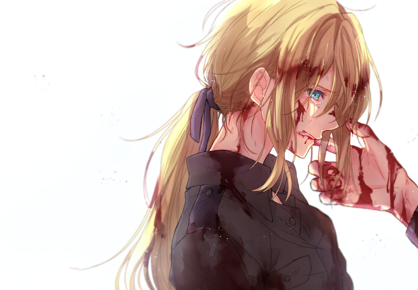 1girl blonde_hair blood blood_from_mouth blood_on_face bloody_clothes bloody_hands blue_eyes blue_ribbon clenched_teeth commentary_request crying crying_with_eyes_open green_shirt hair_between_eyes hair_intakes long_hair long_sleeves low-tied_long_hair military military_uniform outstretched_hand profile ribbon roukaku17 shirt tears teeth uniform violet_evergarden violet_evergarden_(character)