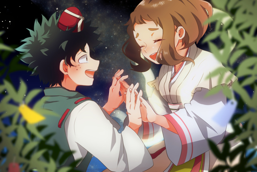 1boy 1girl :d alternate_costume blush boku_no_hero_academia brown_hair closed_eyes cosplay freckles green_hair hat hikoboshi hikoboshi_(cosplay) iworidayo japanese_clothes kimono leaf messy_hair midoriya_izuku open_mouth orihime orihime_(cosplay) short_hair smile tate_eboshi uraraka_ochako