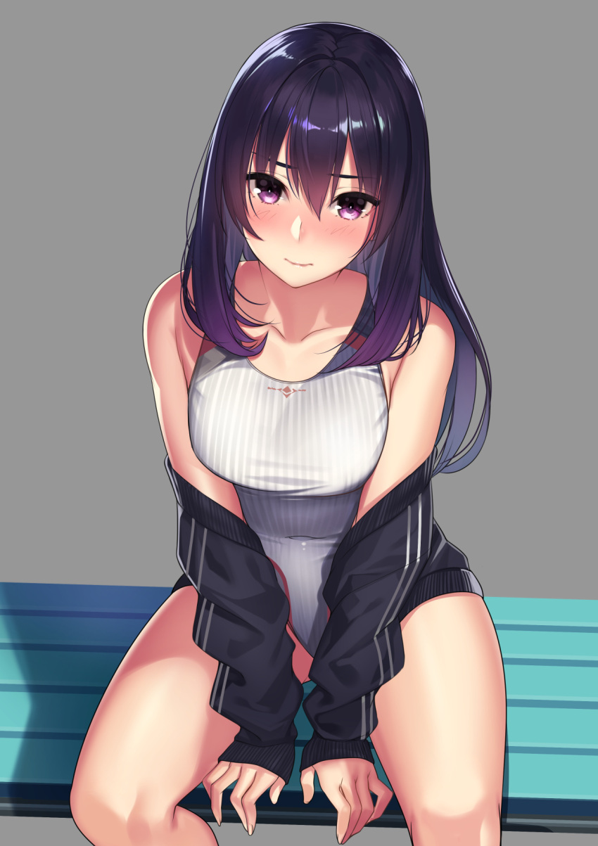 1girl bangs bare_shoulders bench black_jacket blush breasts closed_mouth collarbone commentary_request competition_swimsuit covered_navel grey_background hair_between_eyes highres jacket kagematsuri large_breasts long_hair looking_at_viewer off_shoulder one-piece_swimsuit open_clothes open_jacket original purple_hair simple_background sitting solo swimsuit thighs violet_eyes white_swimsuit