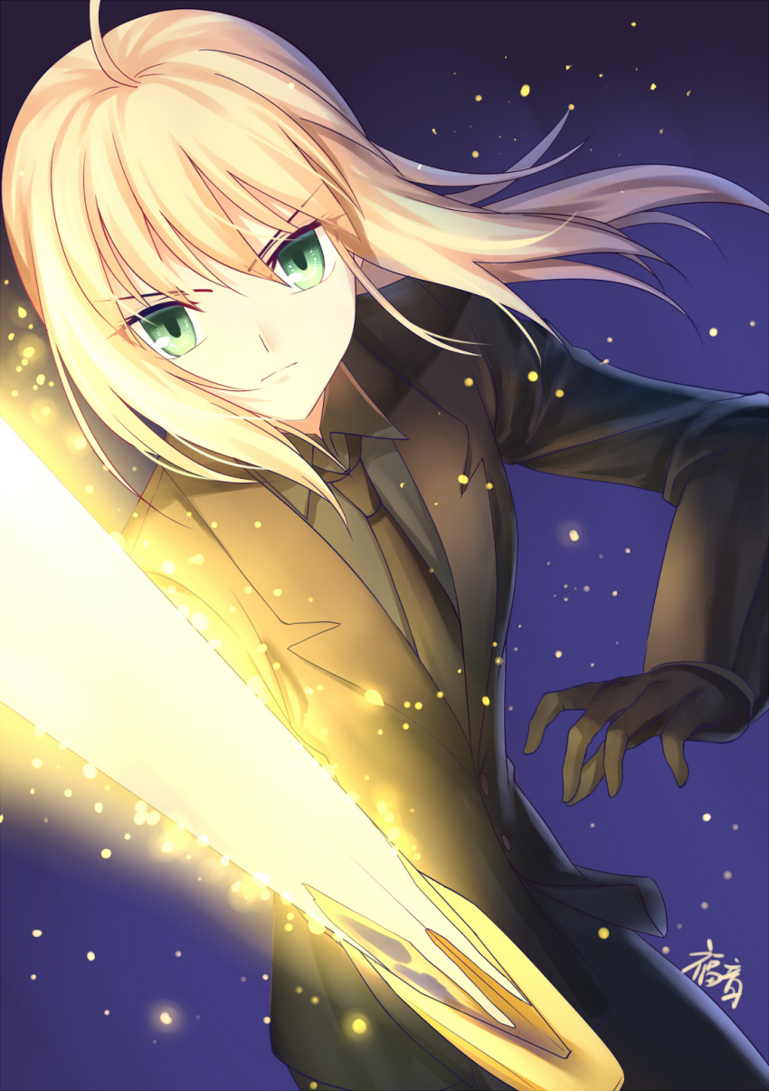 1girl artoria_pendragon_(all) bangs black_gloves black_jacket black_neckwear blonde_hair closed_mouth collared_shirt commentary excalibur eyebrows_visible_through_hair fate/zero fate_(series) gloves glowing glowing_sword glowing_weapon gogatsu_fukuin green_eyes grey_shirt hair_between_eyes highres holding holding_sword holding_weapon jacket long_hair long_sleeves looking_at_viewer necktie purple_background saber shirt signature solo sword v-shaped_eyebrows weapon