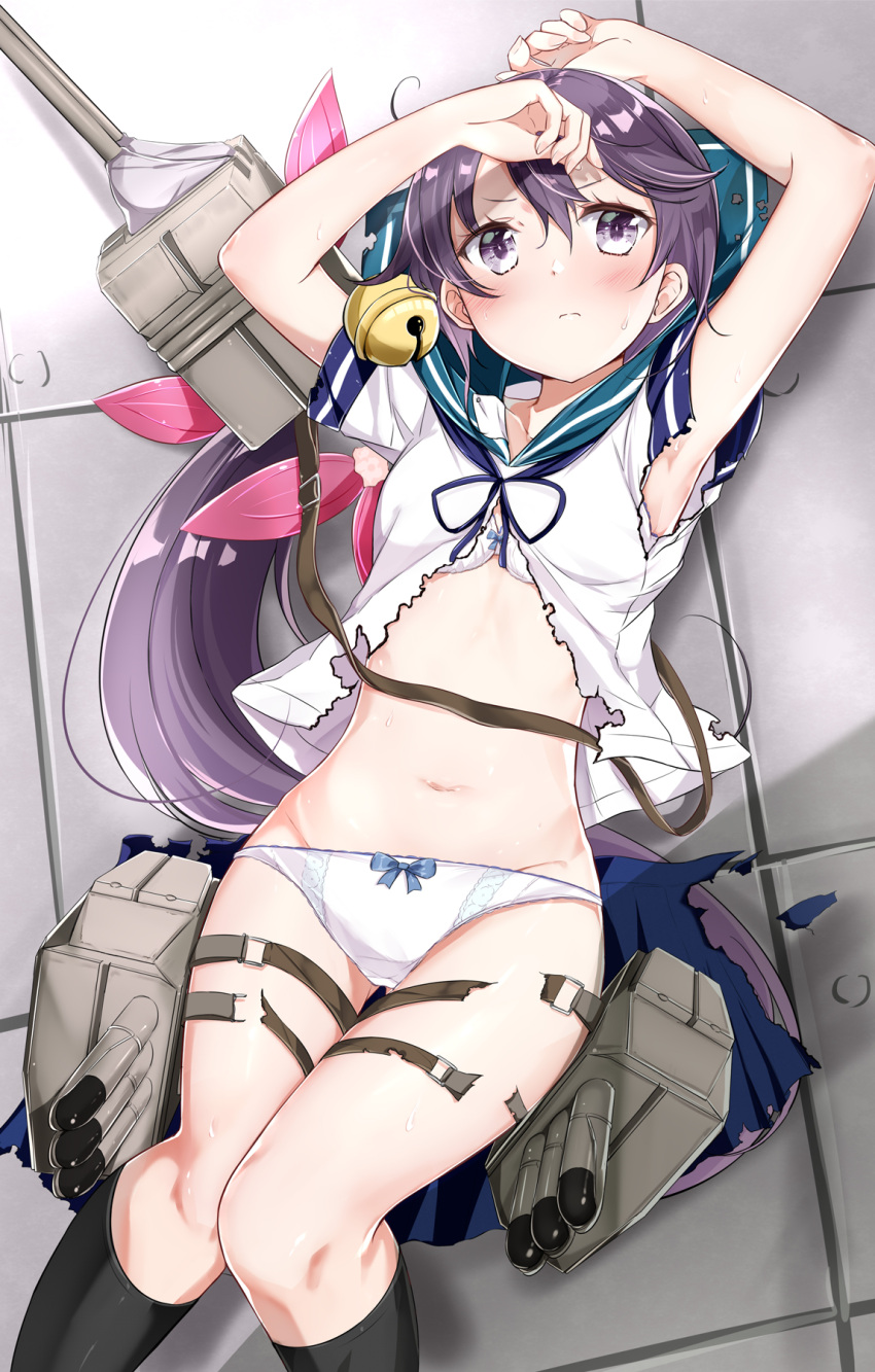 1girl ahoge akebono_(kantai_collection) armpits arms_up bangs bell blue_skirt blush bow bow_bra bow_panties bra breasts cannon closed_mouth collarbone commentary_request damaged flower groin hair_bell hair_between_eyes hair_flower hair_ornament hair_ribbon highres jingle_bell kantai_collection kengorou_saemon_ii_sei long_hair lying machinery navel no_pants on_back panties pink_ribbon pleated_skirt purple_hair ribbon rigging sailor_collar school_uniform serafuku shirt short_sleeves side_ponytail sidelocks skirt small_breasts stomach strap sweat thigh_strap thighs torn_clothes torn_shirt torn_skirt torpedo_launcher turret underwear very_long_hair violet_eyes white_bra white_panties white_shirt