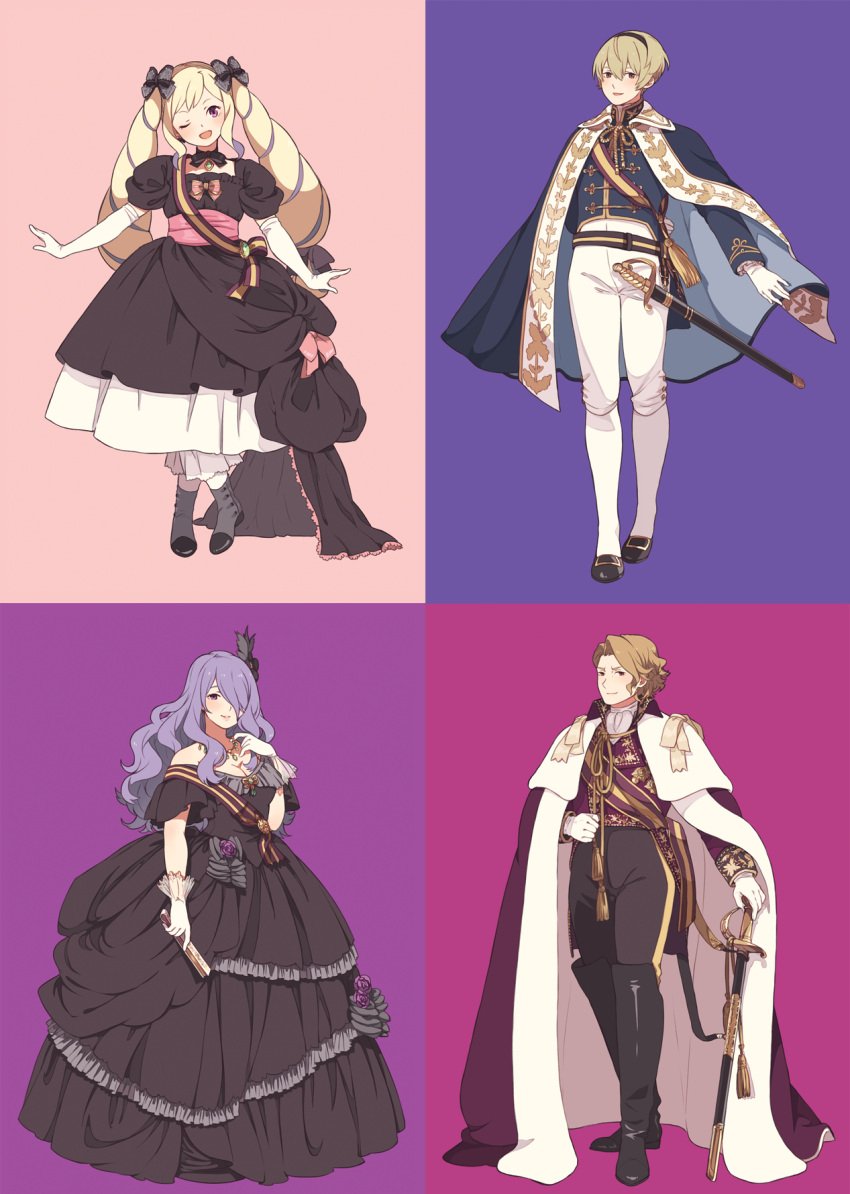 2boys 2girls ai-wa black_dress black_ribbon blonde_hair blue_background blush boots breasts brother_and_sister brothers camilla_(fire_emblem_if) cape cleavage closed_mouth dress drill_hair elbow_gloves elise_(fire_emblem_if) european_clothes fan feather_hair_ornament fire_emblem fire_emblem_heroes fire_emblem_if flower formal gloves hair_between_eyes hair_ornament hair_over_one_eye hair_ribbon hairband hand_on_back highres jewelry large_breasts leon_(fire_emblem_if) long_hair looking_at_viewer marks_(fire_emblem_if) multicolored multicolored_background multiple_boys multiple_girls nintendo one_eye_closed one_eye_covered open_mouth pink_background pink_ribbon purple_background purple_flower purple_hair purple_rose ribbon rose sheath sheathed siblings sisters smile sword twin_drills twintails violet_eyes weapon